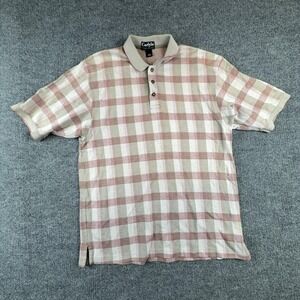 Vintage Carlyle Polo Shirt Mens Large Beige Plaid Cotton Knit Made USA Casual